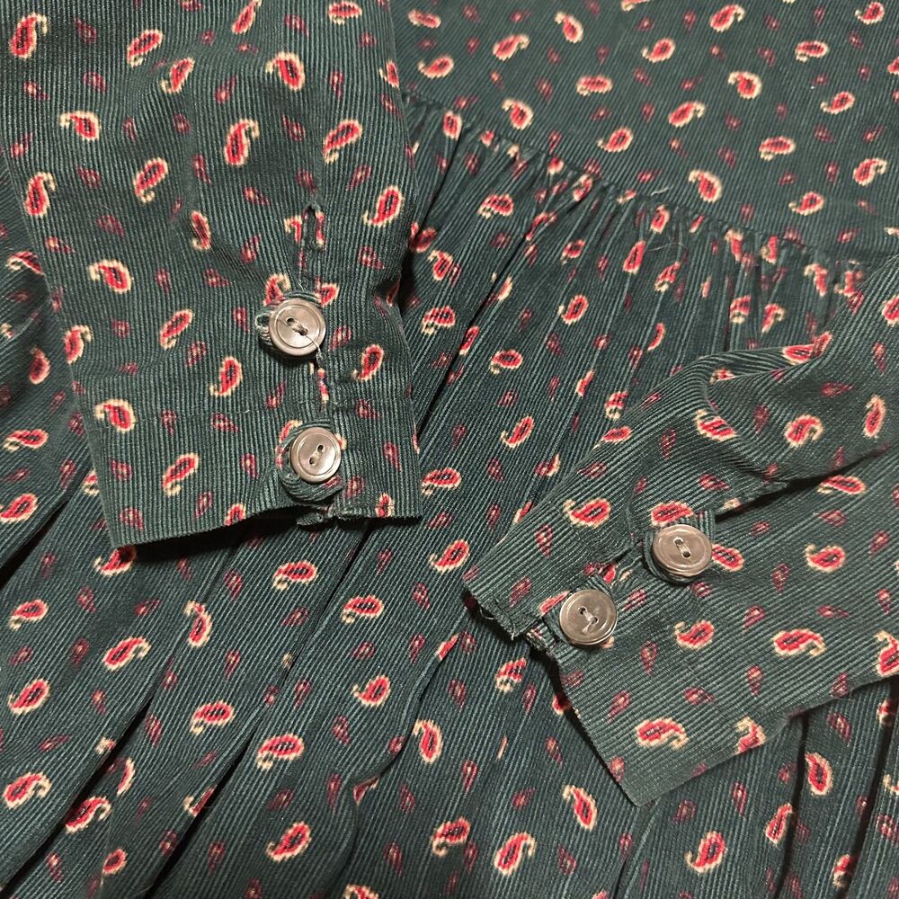 Vtg Laura Ashley Green Corduroy Paisley Cottage Prairie Long Sleeve Midi Dress - Picture 5 of 11